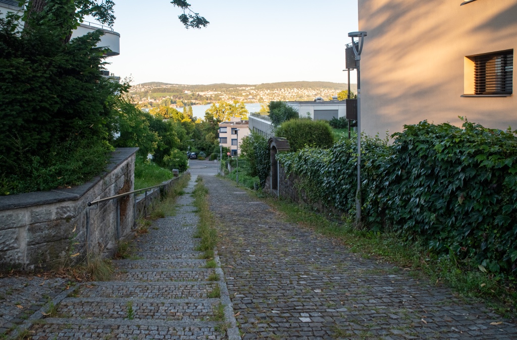A paved path going down, with small steps and a rail on the left. There are low-rise buildings on each side and the lake and the city are visible in the background.